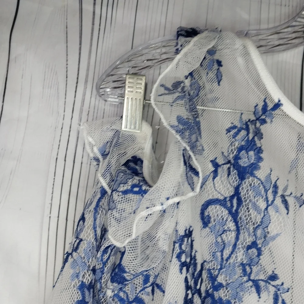 Fashion Nova Sheer Cold Shoulder Blue And White Floral Lace Romantic Top - Picture 4 of 10